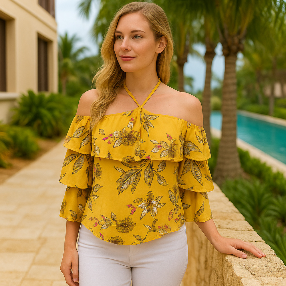 Express Women’s XS Yellow Floral Ruffle Sleeve Halter Cold Shoulder Crop Top Boh